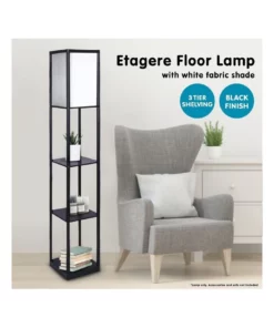 Sarantino Etagere Floor Lamp Shelves Black Frame Tapered Linen Brown Fabric Shade Stand -Home Decor Shop 828975340 6 1 720x928