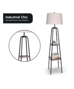 Sarantino Etagere Floor Lamp Shelves Black Frame Round Linen White Fabric Shade Stand -Home Decor Shop 828975430 3 720x928