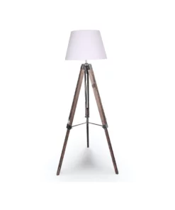 Sarantino Solid Wood Tripod Floor Lamp Adjustable Height Stand White Linen Round Shade
