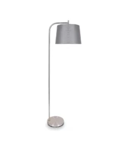 Sarantino Metal Task Floor Lamp Stand In Nickel Finish Grey Linen Fabric Round Shade