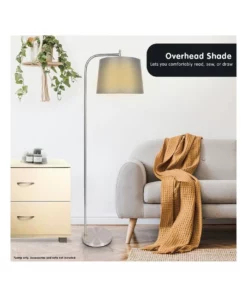 Sarantino Metal Task Floor Lamp Stand In Nickel Finish Grey Linen Fabric Round Shade -Home Decor Shop 828975610 5 720x928