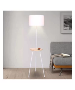 Sarantino Metal Floor Lamp Stand Tripod In Round Shade Wooden Table Shelf White -Home Decor Shop 828976060 6 720x928
