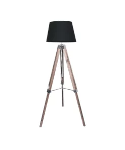 Sarantino Solid Wood Tripod Floor Lamp Adjustable Height Stand Black Linen Round Shade