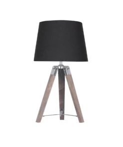 Sarantino Wooden Tripod Table Lamp With Black Linen Taper Fabric Round Shade Reading Light