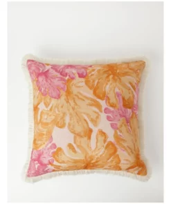 Vue Calido Leaf Print With Fringe Cushion Pink