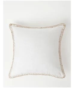 Australian House & Garden Brighton Jute Blanket Stitch Cotton Cushion White