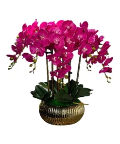 Vicky Yao Exclusive Design Fuschia 10 Stems Artificial Orchids arrangement in Golden Pot