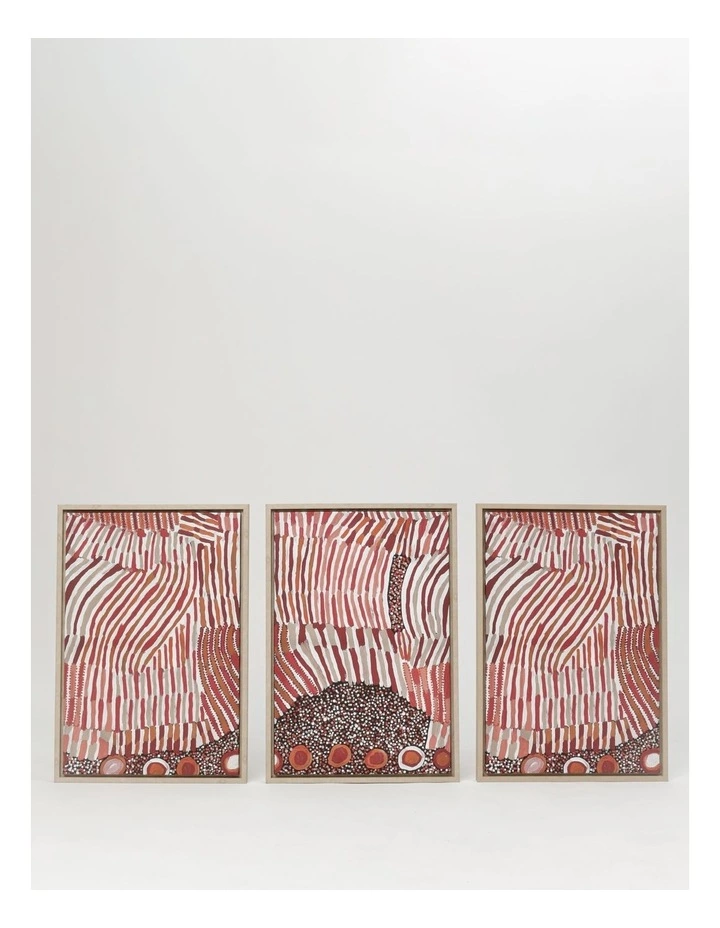 Warlukurlangu Artists x Vue Set of 3 Framed Wall Art 65 x 45cm Mina Jukurrpa (Mina Dreaming) by Helen Nungarrayi Reed 1 Warlukurlangu Artists x Vue Set of 3 Framed Wall Art 65 x 45cm Mina Jukurrpa (Mina Dreaming) by Helen Nungarrayi Reed