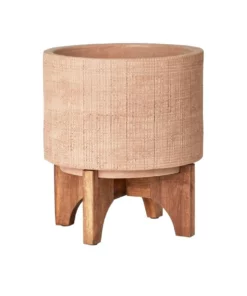 Cooper & Co Dune Ceramic Planter Pot On Wooden Stand